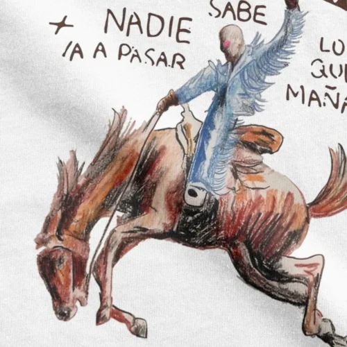 Close-up of white Bad Bunny T-shirt bronco rider illustration and handwritten Nadie Sabe text