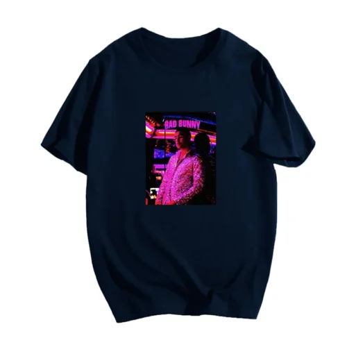 Navy blue Bad Bunny T-shirt with tour-style concert photo print