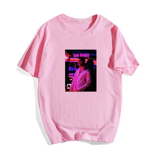 Pink Bad Bunny T-shirt with tour-style concert photo print