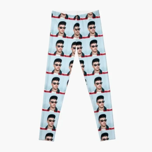 Bad Bunny women's leggings, light blue with red-stripe portrait print