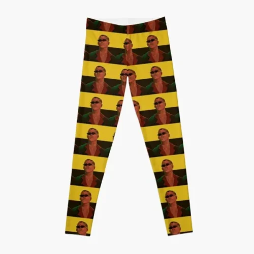 Bad Bunny women's leggings, yellow and black stripes with portrait print