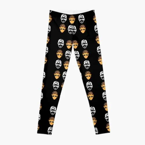 Bad Bunny women's leggings, black with orange and grey mask icon pattern