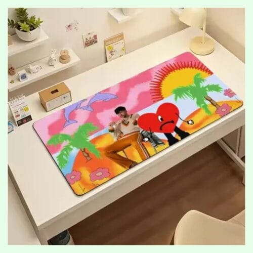 Large Bad Bunny desk mat, colorful tropical beach scene with palm trees