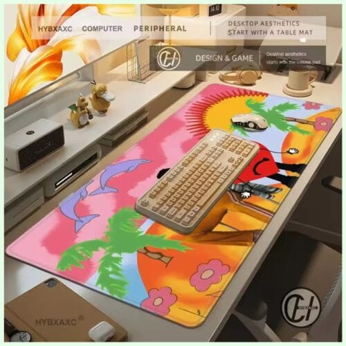 Bad Bunny tropical desk mat, non-slip rubber base detail