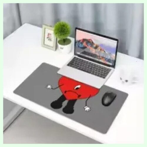 Bad Bunny large gaming mouse pad, sad red heart character on gray