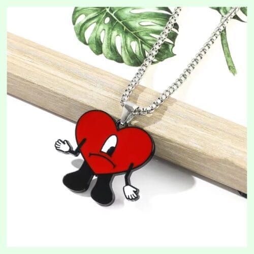 Cartoon Bad Rabbit Necklace – Cute Red Heart Pendant – fan-inspired Bad Bunny merch