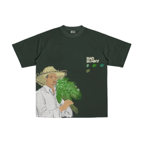 Dark green Bad Bunny graphic tee with jibaro straw-hat and plantain-leaf design, close-up view