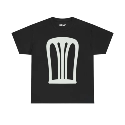 Black Bad Bunny men's T-shirt close-up with white chair/throne graphic and DTMF collar tag - Concho Chair Tee design