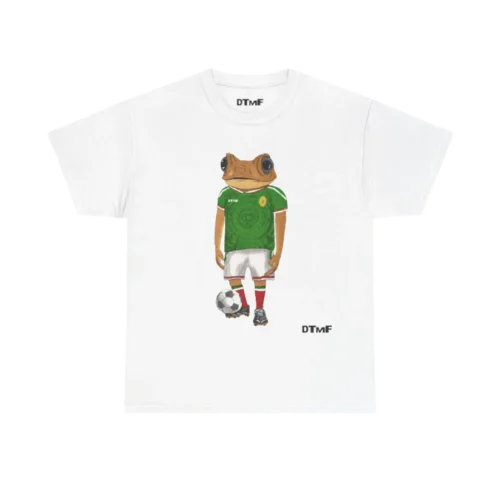 White Bad Bunny men's T-shirt with frog mascot graphic in green soccer kit, DTMF World Tour design