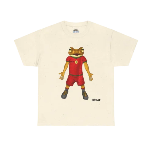 Cream Bad Bunny men's T-shirt with frog mascot graphic in red and gold soccer kit, DTMF World Tour design