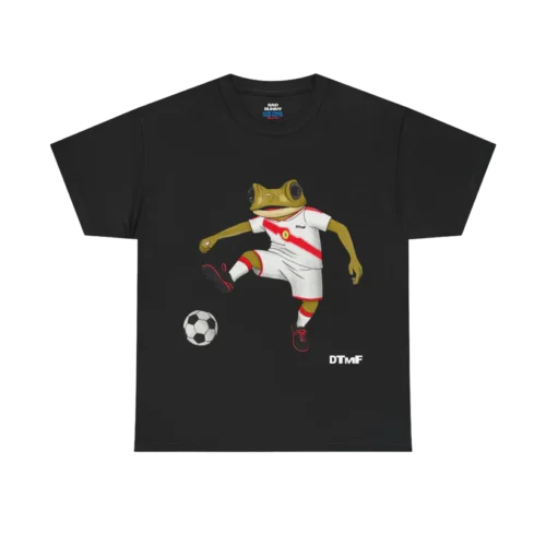 Black Bad Bunny T-shirt, frog character in a soccer kit playing football