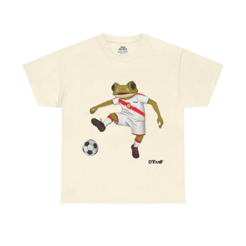 Cream Bad Bunny men's T-shirt with frog mascot graphic in white and red soccer kit kicking a ball, DTMF World Tour design