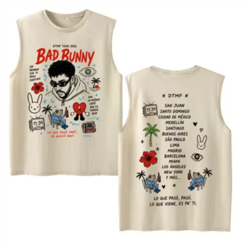 Rapper Bad Bunny Vintage Washed DTMF Tank Top for Men Women Oversized Cotton Sleeveless Vest