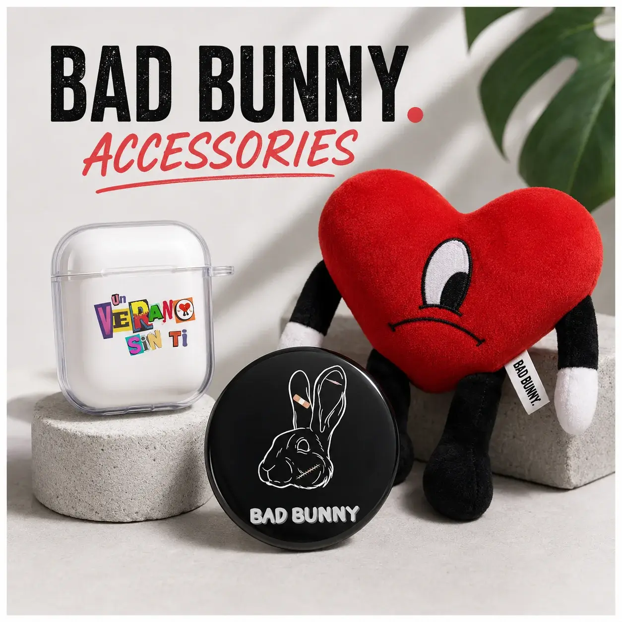 Bad Bunny Accessories collection banner featuring an Un Verano Sin Ti phone case, pin, and plush heart character