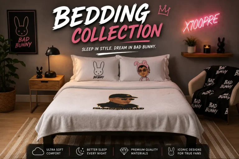 How to Care for All-Over-Print Bad Bunny Apparel & Bedding 2 Bad Bunny Bedding Collection - Fan-made bedding set with pillowcases and blanket featuring Bad Bunny designs