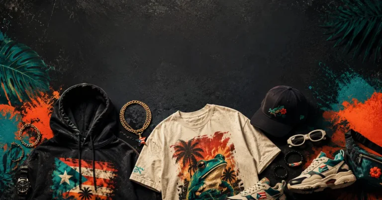 Flat-lay of a hoodie, tee, cap, sneakers and accessories styled for a Bad Bunny concert outfit