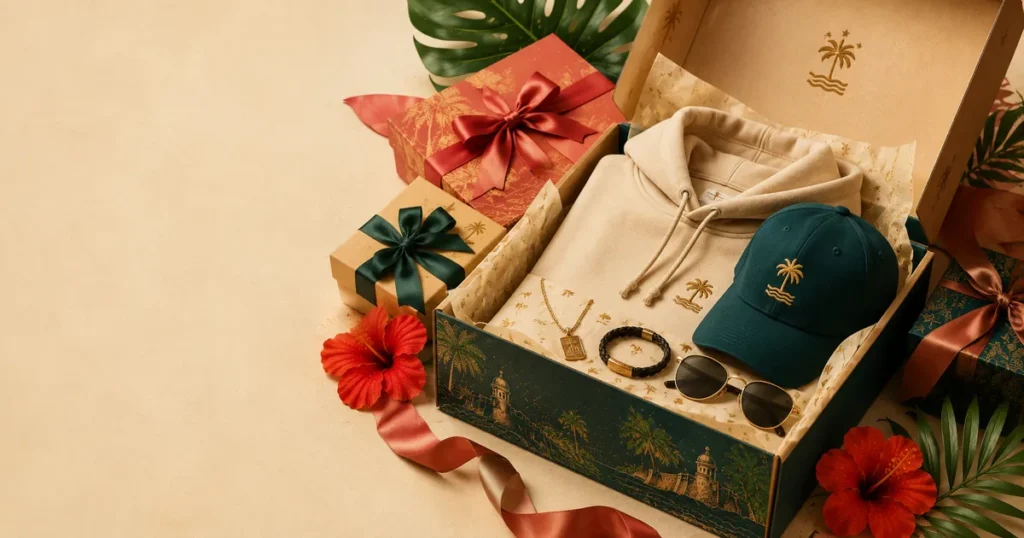 Bad Bunny fan-inspired gift box set with hoodie, cap, sunglasses, and accessories, wrapped with ribbon for a gift guide