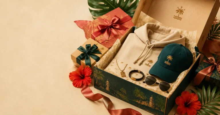 Bad Bunny fan-inspired gift box set with hoodie, cap, sunglasses, and accessories, wrapped with ribbon for a gift guide