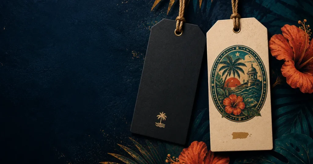 Black and cream fan-inspired Bad Bunny merch hang tags with tropical design, symbolizing authenticity for independent fan stores