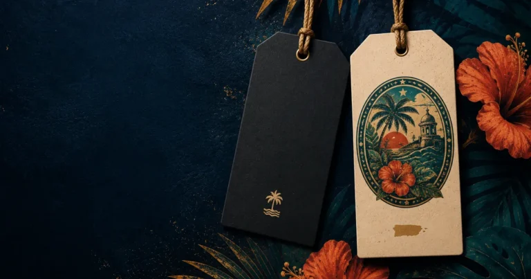 Black and cream fan-inspired Bad Bunny merch hang tags with tropical design, symbolizing authenticity for independent fan stores