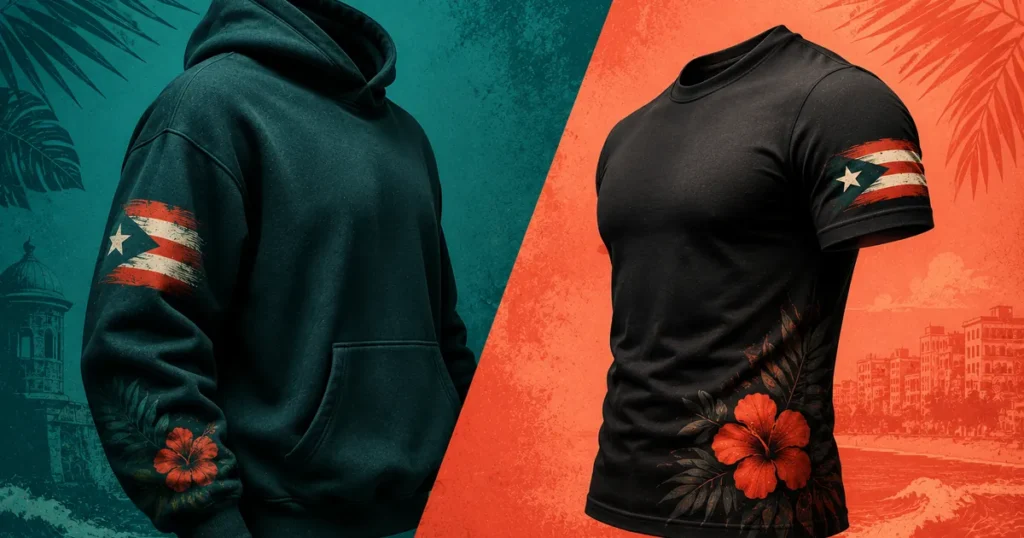 Split image showing a men's hoodie and women's tee, both fan-inspired with Puerto Rican flag sleeve details, comparing the two collections