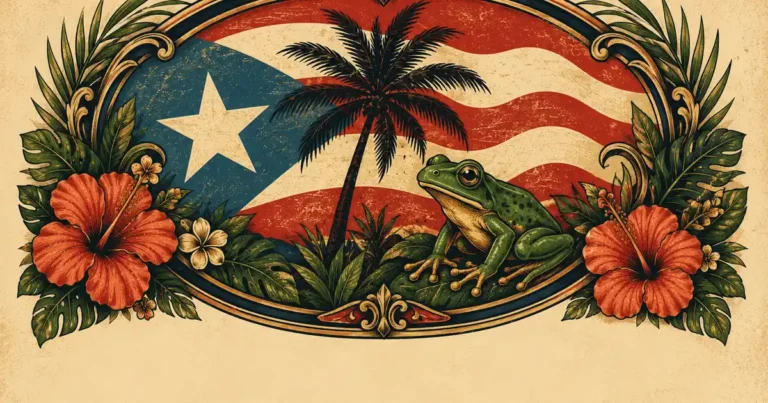 Illustrated oval frame with Puerto Rican flag, palm tree, and frog, symbolizing Boricua pride in Bad Bunny fan-inspired merch
