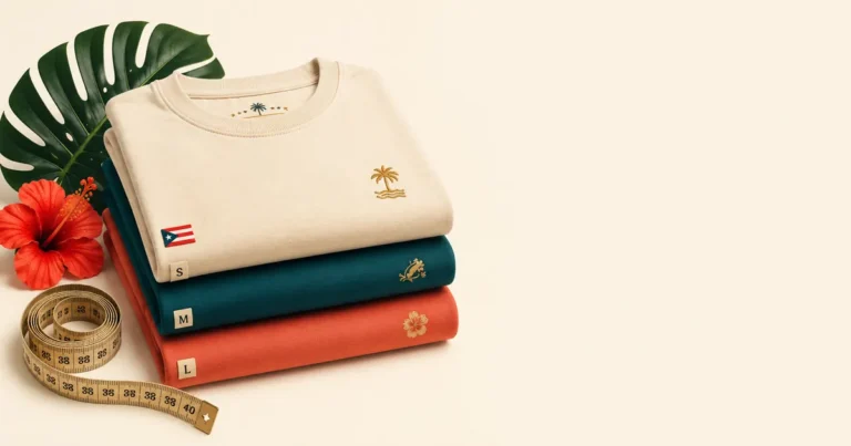Folded stack of cream, teal, and orange Bad Bunny fan-inspired hoodies with tape measure, showing S, M, L sizing