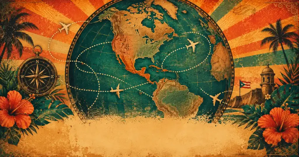 Vintage world map illustration with flight paths and Puerto Rico landmark, representing the El Ultimo Tour Del Mundo world tour theme