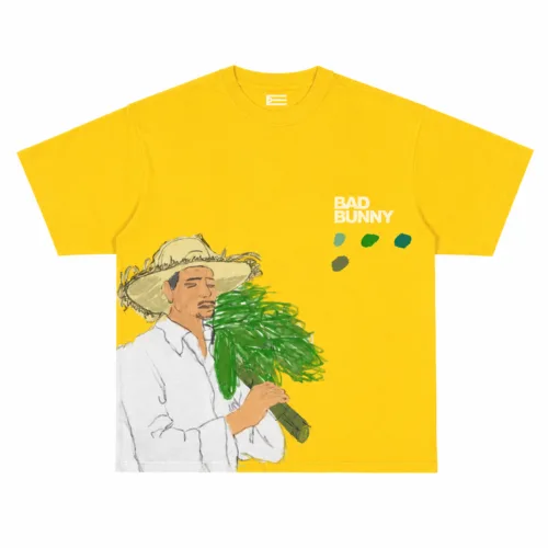 Yellow Bad Bunny graphic tee with jibaro straw-hat and plantain-leaf print, front view