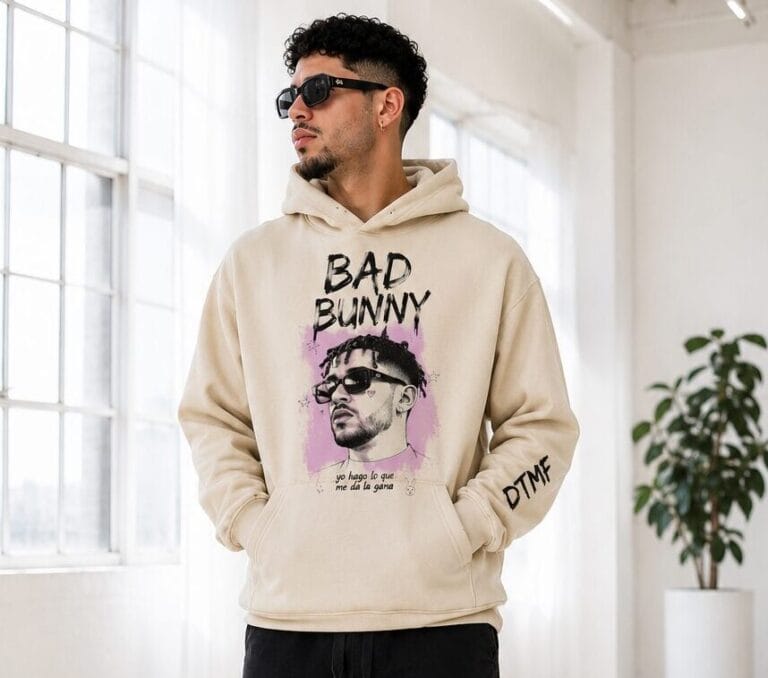 The Ultimate Bad Bunny Hoodie Guide: Styles, Fit & How to Choose 4 Model wearing a tan Bad Bunny fan-inspired hoodie, illustrating true-to-size unisex fit
