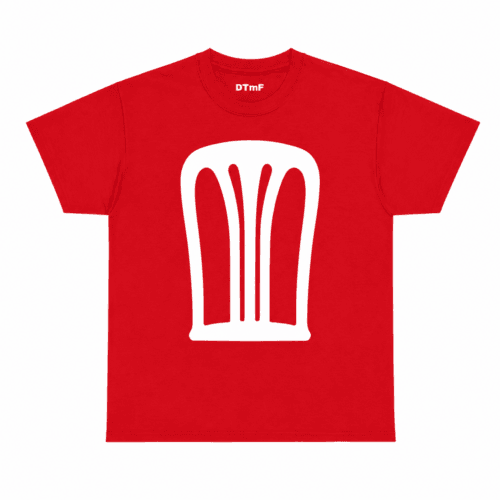 Red Bad Bunny men's T-shirt with white chair/throne graphic and DTMF collar tag - Concho Chair Tee design