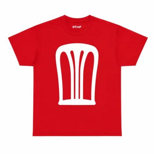 Red Bad Bunny men's T-shirt with white chair/throne graphic and DTMF collar tag - Concho Chair Tee design