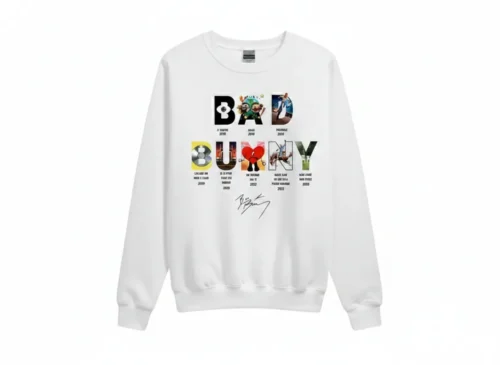 White Bad Bunny sweatshirt, BAD BUNNY logo made of photo tiles