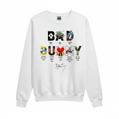White Bad Bunny sweatshirt, BAD BUNNY logo made of photo tiles