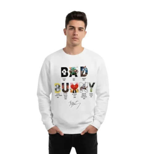 White Bad Bunny crewneck sweatshirt, photo-tile logo front view