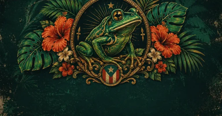 Illustrated Puerto Rican crested toad emblem with hibiscus flowers and flag colors, symbol of Bad Bunny's sapo concho