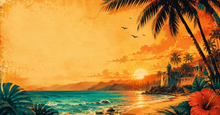 Tropical beach sunset illustration with palm trees, representing the Un Verano Sin Ti summer aesthetic
